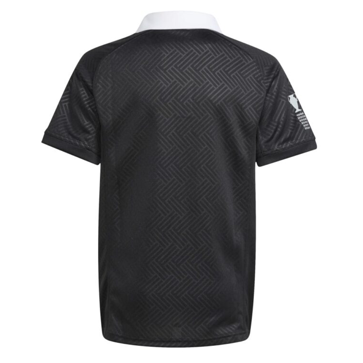 The Black Ferns WRWC25 Replica Home Jersey by adidas features a subtle geometric pattern, white collar, and a white logo on the left sleeve—shown here from the back.