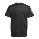 The Black Ferns WRWC25 Replica Home Jersey by adidas features a subtle geometric pattern, white collar, and a white logo on the left sleeve—shown here from the back.