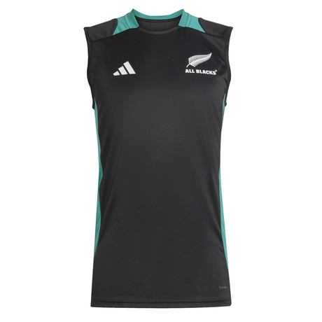 The adidas All Blacks 25/26 Training Singlet is a sleeveless black and teal top featuring the iconic "ALL BLACKS" emblem, ideal for rugby training, shown on a plain white background.