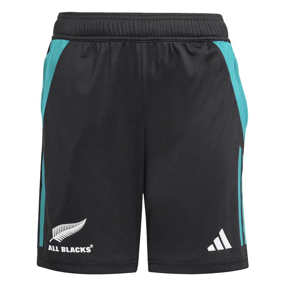 The adidas All Blacks 25/26 Training Gym Short features teal side panels, the silver fern emblem, and "All Blacks" text—perfect for New Zealand rugby fans seeking authentic style.