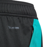Close-up of the adidas All Blacks 25/26 Training Gym Short in black and teal, featuring a zippered pocket, Climacool technology, and inspired by iconic shorts worn by New Zealand rugby players.