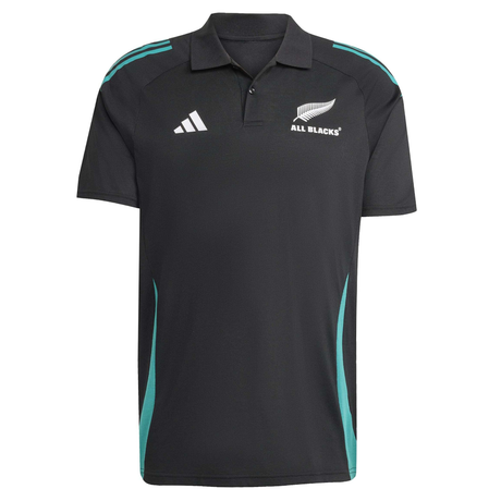 The All Blacks 25/26 Training Polo by adidas features teal accents, the adidas logo, and the All Blacks crest—a stylish choice for fans and everyday wear.