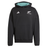 The All Blacks 25/26 Presentation Jacket by adidas features a black design, front pocket, teal hood lining, and the iconic silver fern logo on the chest.