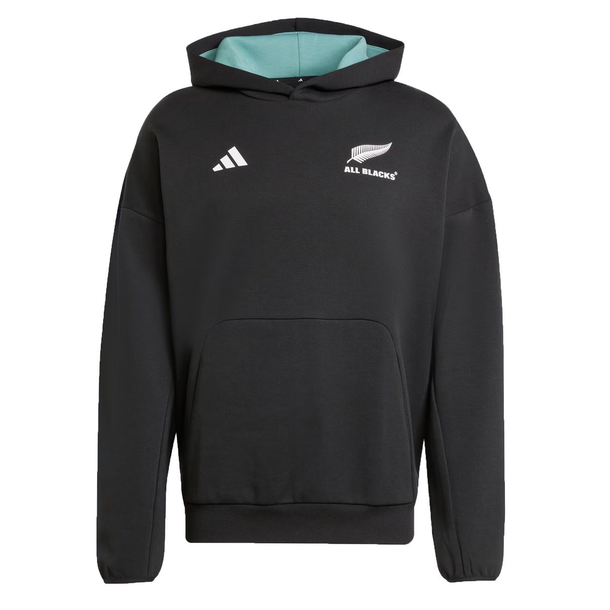 The All Blacks 25/26 Presentation Jacket by adidas features a black design, front pocket, teal hood lining, and the iconic silver fern logo on the chest.