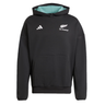 The All Blacks 25/26 Presentation Jacket by adidas features a black design, front pocket, teal hood lining, and the iconic silver fern logo on the chest.