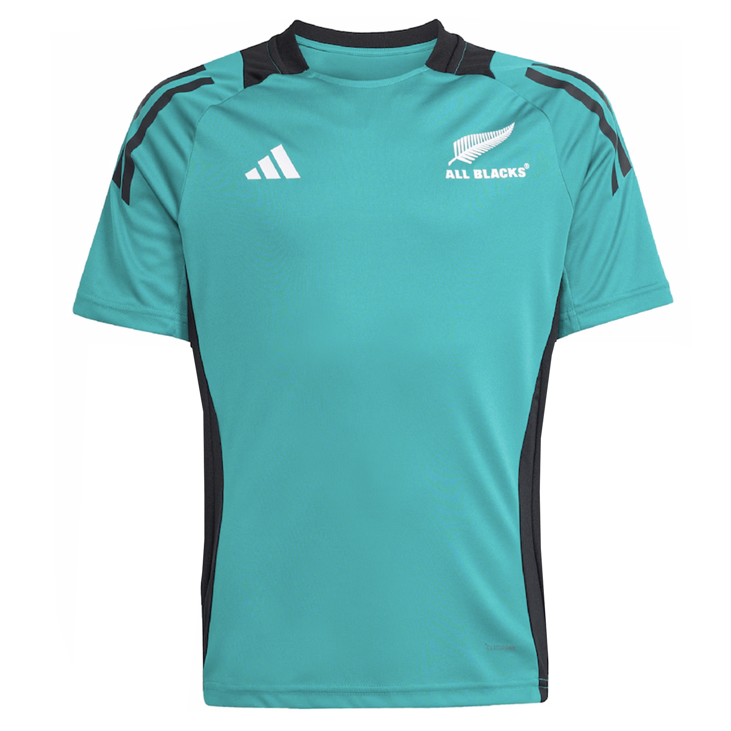 The All Blacks 25/26 Performance T-Shirt by adidas is a teal, short-sleeved tee with black accents, showcasing the adidas logo and All Blacks emblem on the chest.