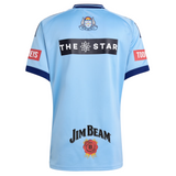 The adidas New South Wales Blues 25/26 Replica Home Jersey in light blue is shown from the back, with The Star, Tooheys, and Jim Beam logos, plus a crest at the top center.