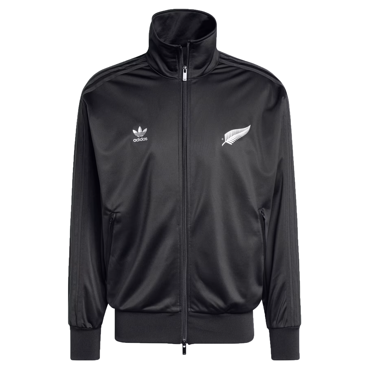 The Originals Limited Edition All Blacks Firebird Track Top by adidas is a black, recycled polyester track jacket with a zip-up front and high collar. Featuring a white fern emblem, it combines iconic design with functionality and sustainable style.