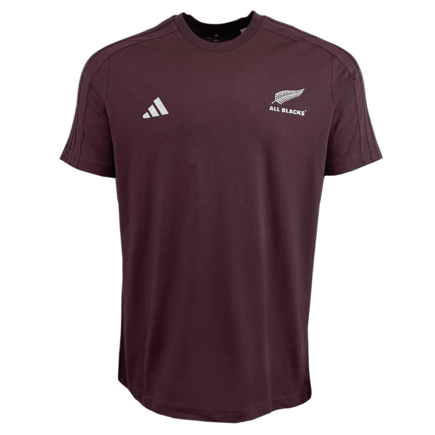 The All Blacks 24/25 Fan Tee by adidas is a maroon rugby shirt made from single jersey fabric, with the Adidas logo on the left and the All Blacks emblem on the right.