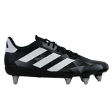 The adidas Kakari Z.2 SG rugby boot in black, white, and carbon features metal studs for soft ground play, shown in profile against a plain white background.