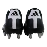 The adidas Kakari Z.2 SG rugby boots in Black/White/Carbon are shown from the back, featuring metal soft ground studs and the adidas logo on each heel.