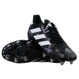 A pair of adidas Kakari Z.2 SG rugby boots in black, white, and carbon—one upright and one showing the metal studded sole—ideal soft ground boots for powerful forwards.