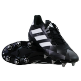 A pair of adidas Kakari Z.2 SG rugby boots in black, white, and carbon—one upright and one showing the metal studded sole—ideal soft ground boots for powerful forwards.