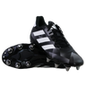 A pair of adidas Kakari Z.2 SG rugby boots in black, white, and carbon—one upright and one showing the metal studded sole—ideal soft ground boots for powerful forwards.