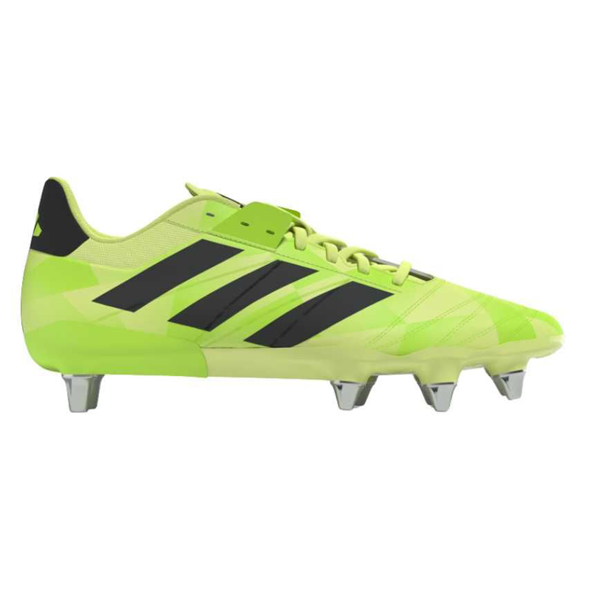 The adidas Kakari Z.2 SG rugby boot in Hi-Res Yellow/Core Black/Lucid Lemon features bold black stripes and four metal studs—perfect for players needing soft ground boots.