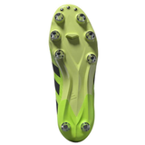 The image shows the sole of the adidas Kakari Z.2 SG in Hi-Res Yellow/Core Black/Lucid Lemon, a soft ground rugby boot with metal studs for traction.