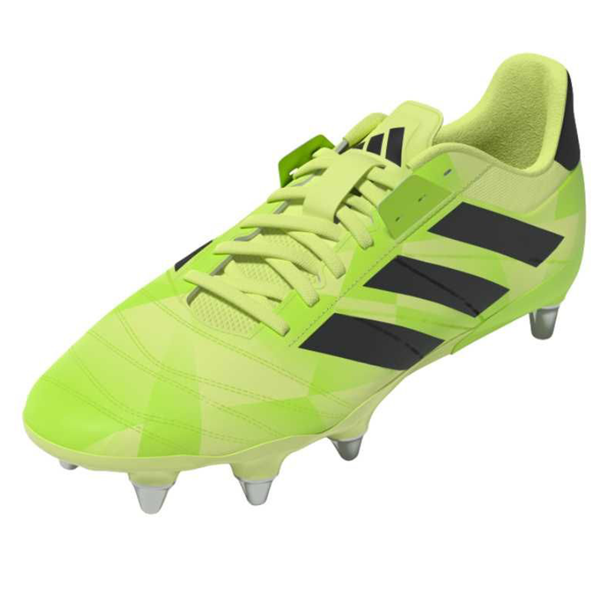 The adidas Kakari Z.2 SG rugby boot in Hi-Res Yellow/Core Black/Lucid Lemon, designed for soft ground with metal studs, is shown from an angle highlighting its side and top.