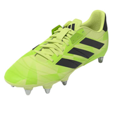 The adidas Kakari Z.2 SG rugby boot in Hi-Res Yellow/Core Black/Lucid Lemon, designed for soft ground with metal studs, is shown from an angle highlighting its side and top.
