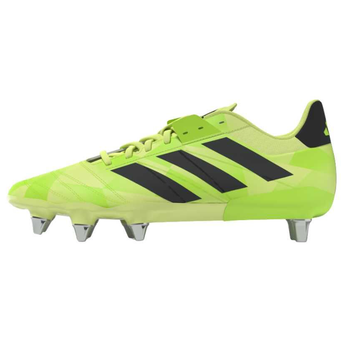 The adidas Kakari Z.2 SG in Hi-Res Yellow/Core Black/Lucid Lemon is a rugby boot designed for forwards, featuring four metal studs on the sole for soft ground and shown from a side view.