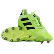 The adidas Kakari Z.2 SG rugby boots in Hi-Res Yellow/Core Black/Lucid Lemon feature black stripes, metal studs, and laces—ideal soft ground boots for forwards—shown from the side and sole on a white background.
