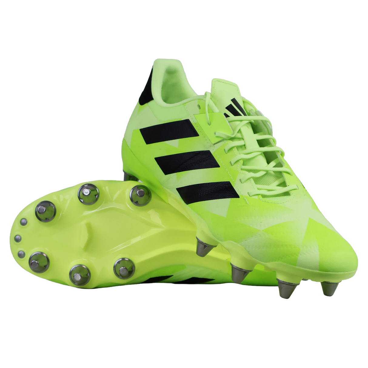 The adidas Kakari Z.2 SG rugby boots in Hi-Res Yellow/Core Black/Lucid Lemon feature black stripes, metal studs, and laces—ideal soft ground boots for forwards—shown from the side and sole on a white background.
