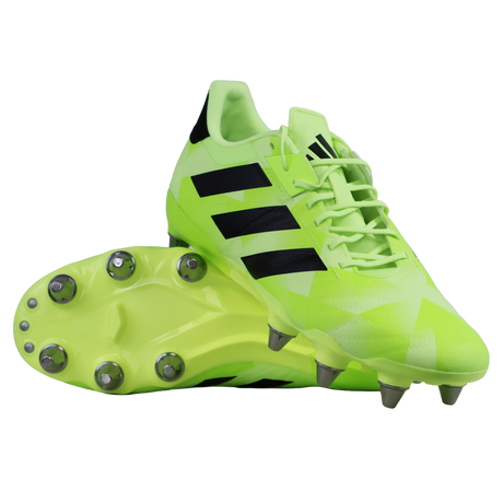 The adidas Kakari Z.2 SG rugby boots in Hi-Res Yellow/Core Black/Lucid Lemon feature black stripes, metal studs, and laces—ideal soft ground boots for forwards—shown from the side and sole on a white background.