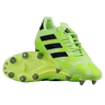 The adidas Kakari Z.2 SG rugby boots in Hi-Res Yellow/Core Black/Lucid Lemon feature black stripes, metal studs, and laces—ideal soft ground boots for forwards—shown from the side and sole on a white background.