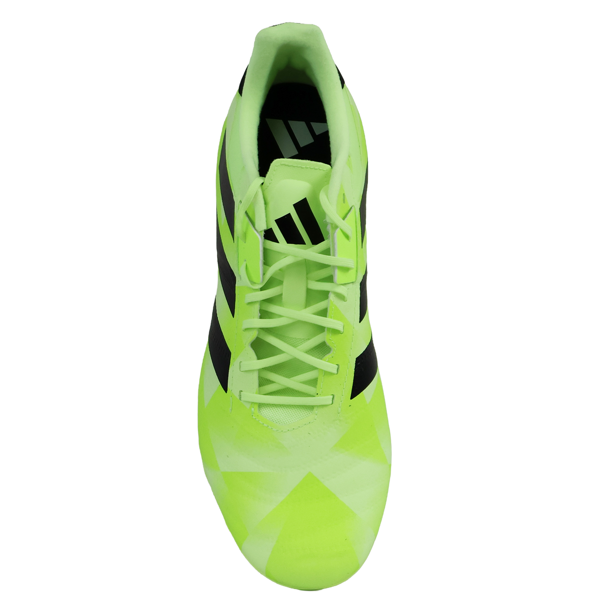 A top view of adidas Kakari Z.2 SG rugby boots in Hi-Res Yellow, Core Black, and Lucid Lemon with geometric patterns and laces for forwards; ideal soft ground boots shown against a plain white background.
