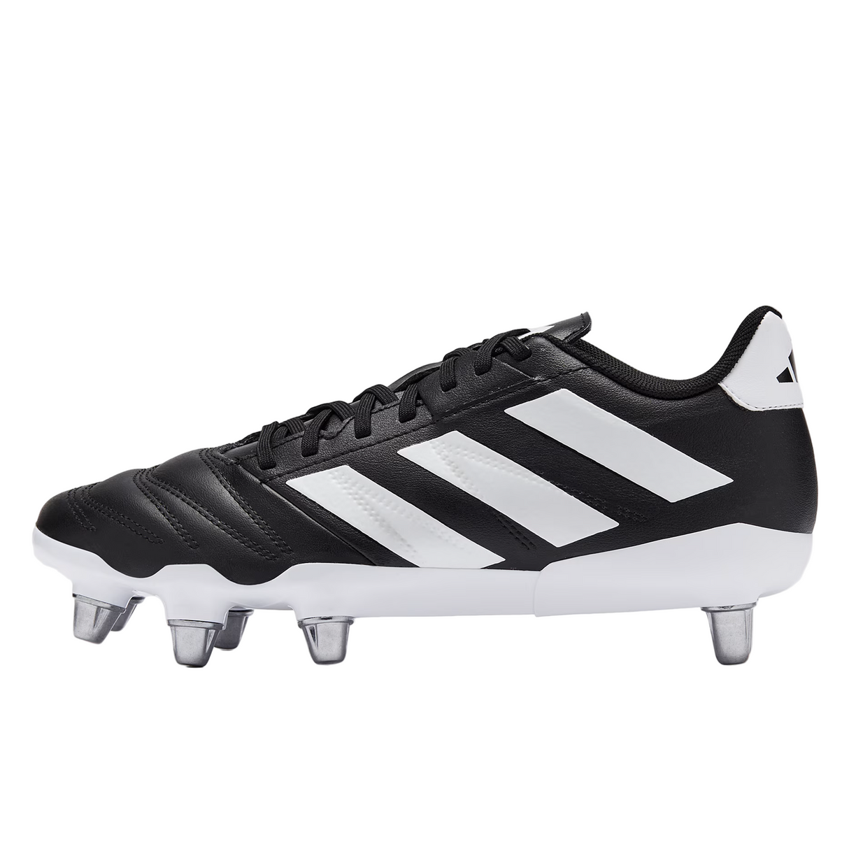The adidas Kakari Elite SG rugby boot in Core Black/White/Core Black features metal studs and is shown from the side.
