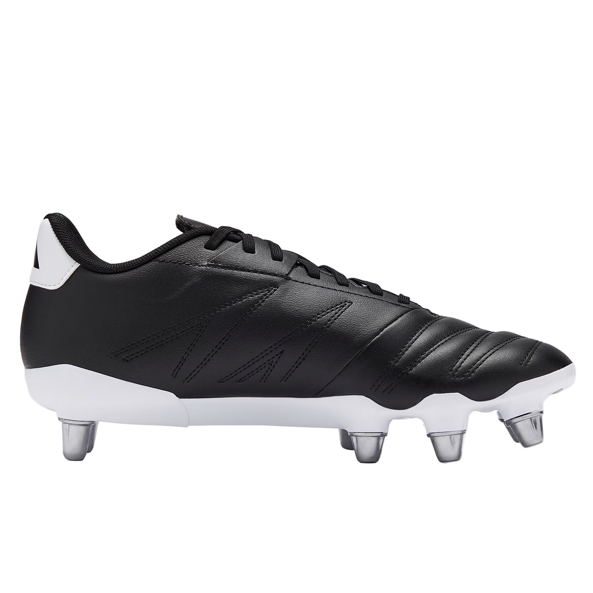 The adidas Kakari Elite SG rugby boot in Core Black/White/Core Black features metal studs and is shown from the side on a plain white background.