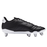 The adidas Kakari Elite SG rugby boot in Core Black/White/Core Black features metal studs and is shown from the side on a plain white background.