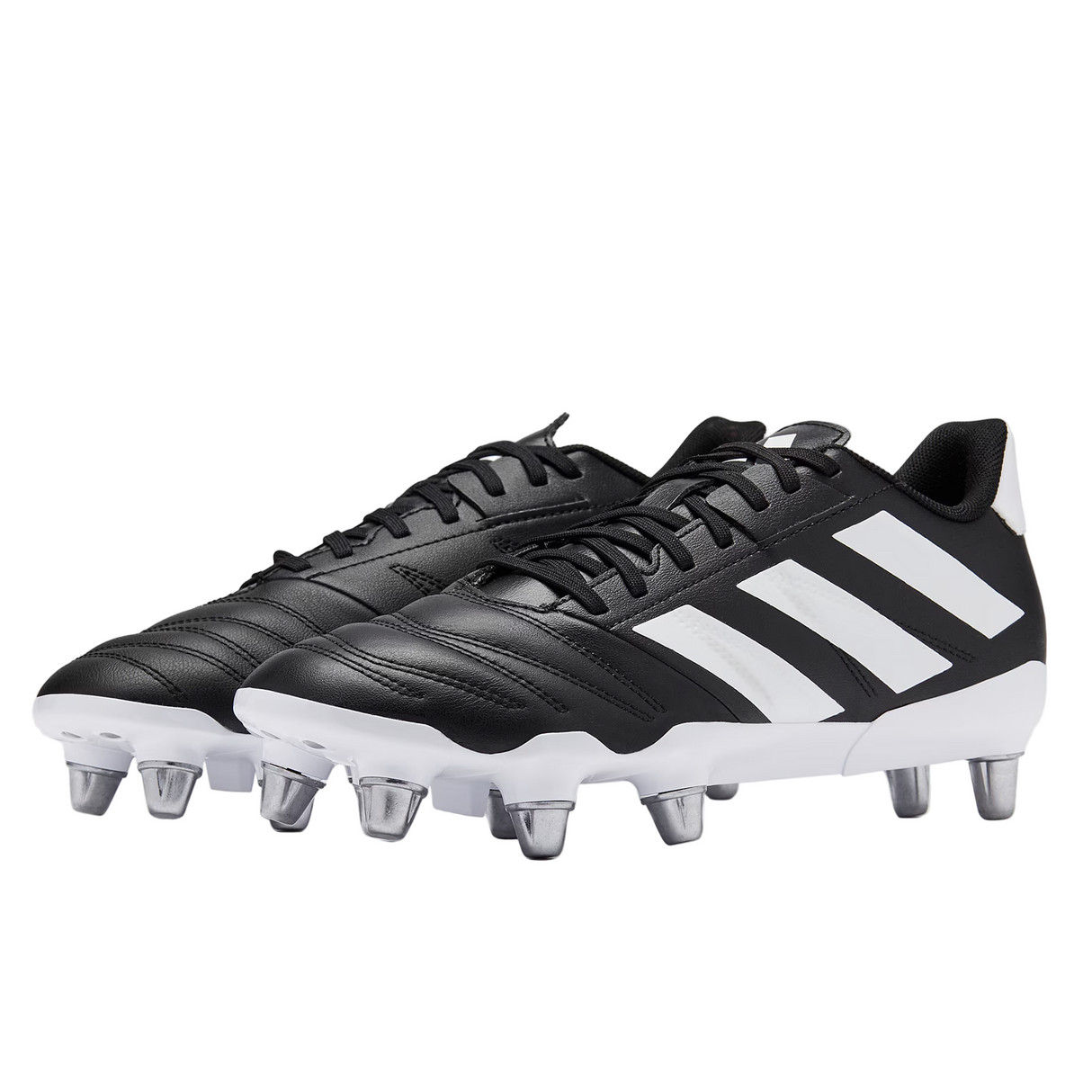 The adidas Kakari Elite SG in Core Black/White/Core Black offers maximum grip for soft ground, featuring metal studs and signature three white stripes—ideal rugby boots for top-level performance.
