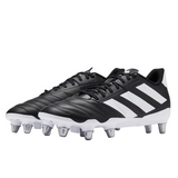 The adidas Kakari Elite SG in Core Black/White/Core Black offers maximum grip for soft ground, featuring metal studs and signature three white stripes—ideal rugby boots for top-level performance.