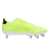 The adidas Kakari Elite SG rugby boot in Hi-Res Yellow/Core Black/Lucid Lemon features metal soft ground studs, a white sole, and black heel detail, displayed in a side profile on a white background.