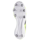 Bottom view of the adidas Kakari Elite SG rugby boot in Hi-Res Yellow/Core Black/Lucid Lemon, displaying a white sole with six metal studs and two smaller plastic studs.