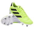 A pair of adidas Kakari Elite SG rugby boots in Hi-Res Yellow/Core Black/Lucid Lemon, featuring metal studs—one upright, one on its side to display the sole—ideal for soft ground play.