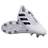 A pair of adidas Kakari SG rugby boots in White/Core Black/Silver Metallic, featuring black stripes and metal soft ground studs, are displayed—one upright and one showing the sole—against a plain white background.