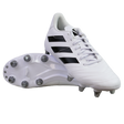 A pair of adidas Kakari SG rugby boots in White/Core Black/Silver Metallic, featuring black stripes and metal soft ground studs, are displayed—one upright and one showing the sole—against a plain white background.
