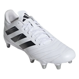 The adidas Kakari SG rugby boot in White/Core Black/Silver Metallic features black stripes, metal soft ground studs, and laces, shown angled to display both the side and top.