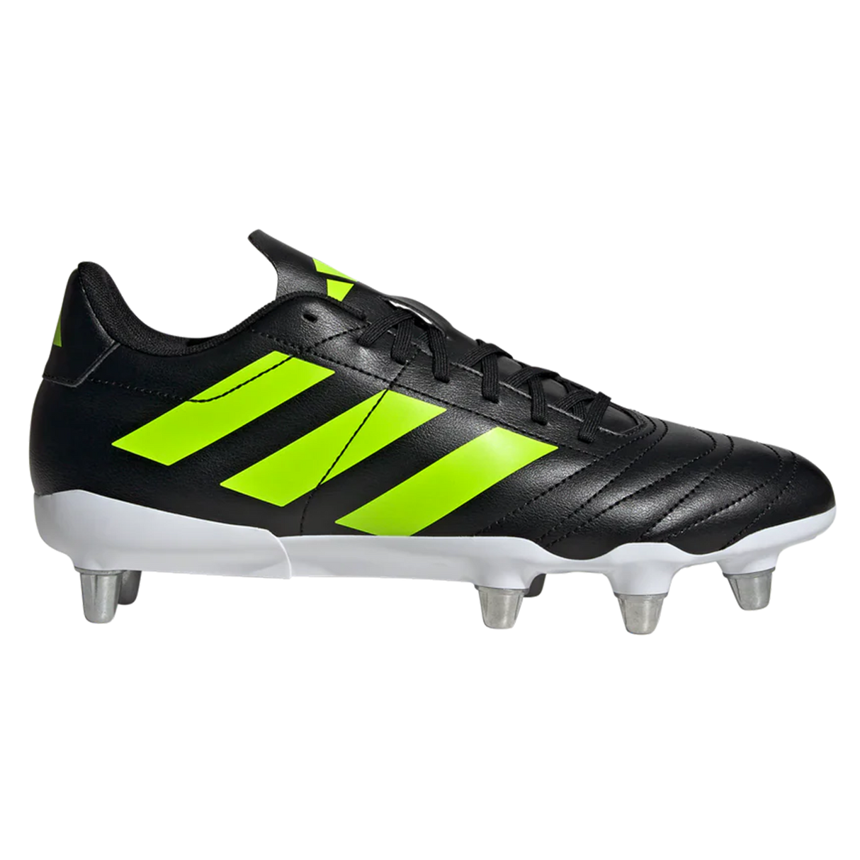 The adidas Kakari SG - Core Black/Lucid Lemon/White rugby boot features a black and neon yellow design with a white sole and four metal studs, designed for soft ground, shown from the side against a plain background.