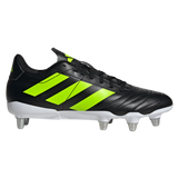 The adidas Kakari SG - Core Black/Lucid Lemon/White rugby boot features a black and neon yellow design with a white sole and four metal studs, designed for soft ground, shown from the side against a plain background.