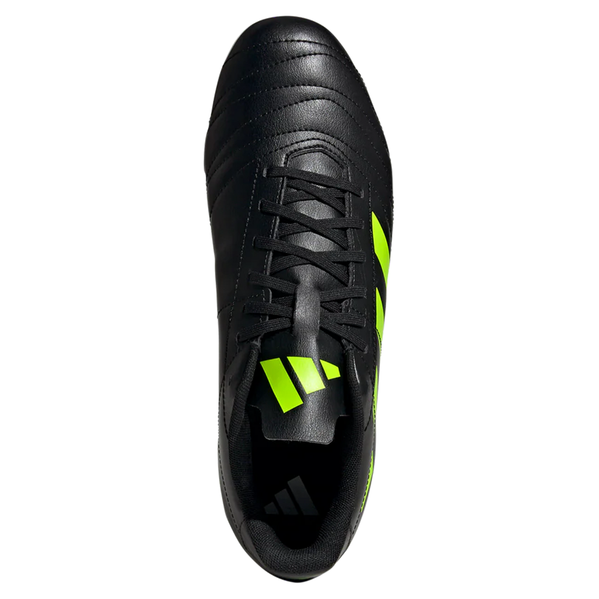 An adidas Kakari SG rugby boot in Core Black with Lucid Lemon stripes and laces is shown from above on a white background. Designed for soft ground, this adidas boot features striking colors and signature branding.