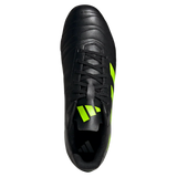 An adidas Kakari SG rugby boot in Core Black with Lucid Lemon stripes and laces is shown from above on a white background. Designed for soft ground, this adidas boot features striking colors and signature branding.