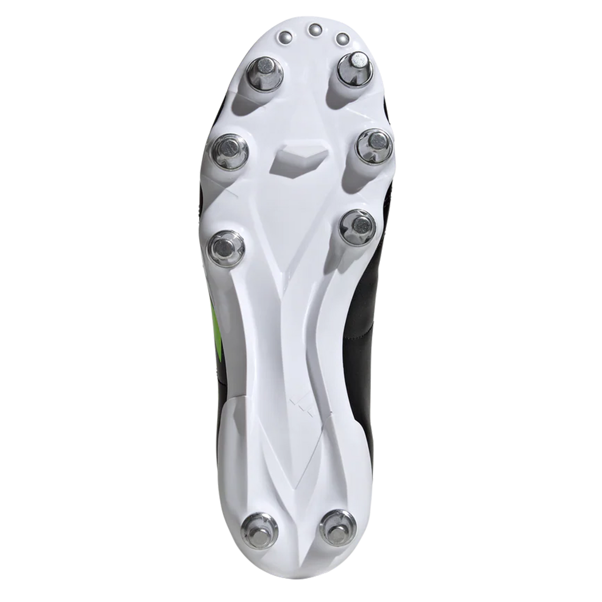Close-up of the sole on the adidas Kakari SG - Core Black/Lucid Lemon/White boot, showing six metal studs and a textured white surface for top grip on soft ground.