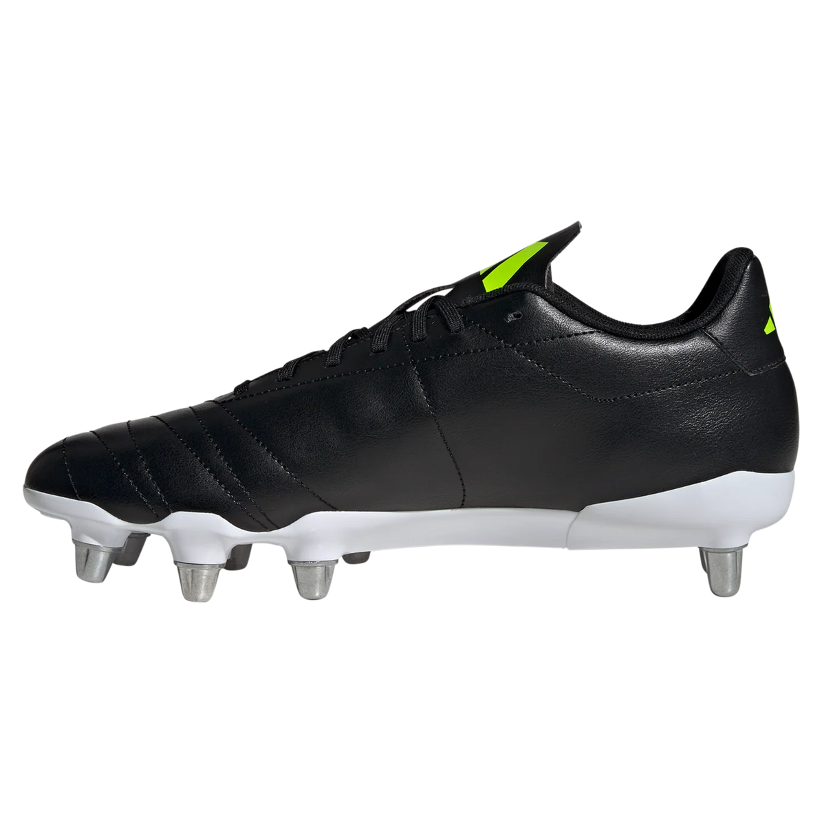 The adidas Kakari SG rugby boot in Core Black/Lucid Lemon/White features a black leather upper, white sole, six metal soft ground studs, and yellow logo accents, displayed side-on against a plain background.