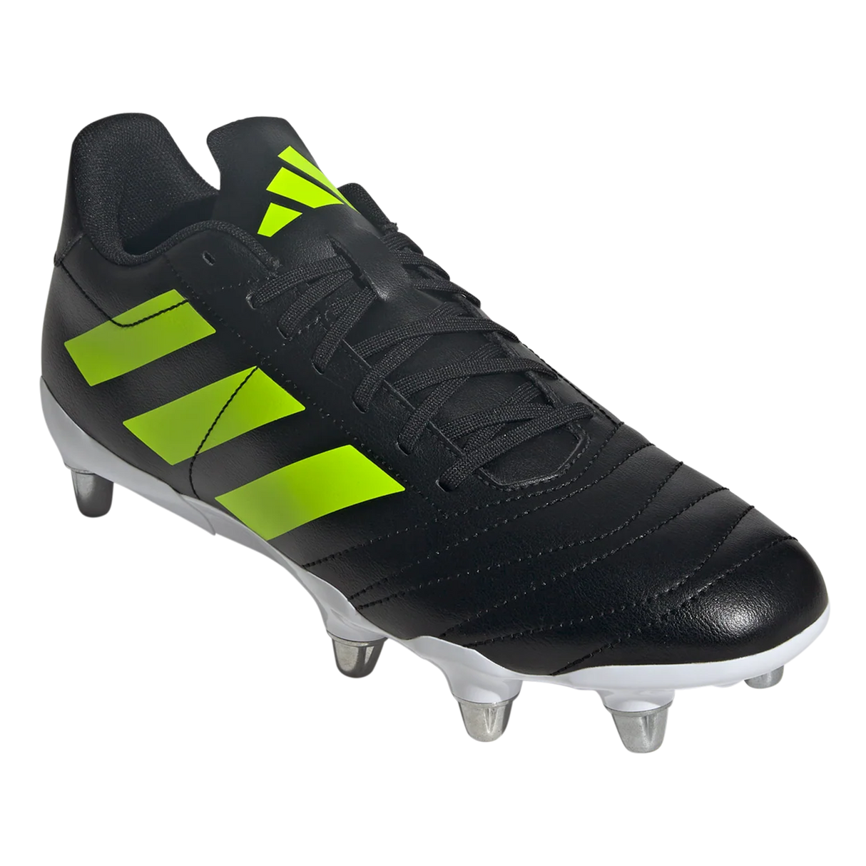 The adidas Kakari SG - Core Black/Lucid Lemon/White rugby boots feature a black design with lucid lemon stripes, black laces, and six metal studs for excellent grip on soft ground during outdoor sports.