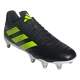 The adidas Kakari SG - Core Black/Lucid Lemon/White rugby boots feature a black design with lucid lemon stripes, black laces, and six metal studs for excellent grip on soft ground during outdoor sports.