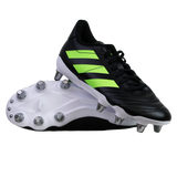 A pair of adidas Kakari SG rugby boots in Core Black/Lucid Lemon/White, featuring neon stripes and metal studs for soft ground—one boot upright, the other showing the sole.