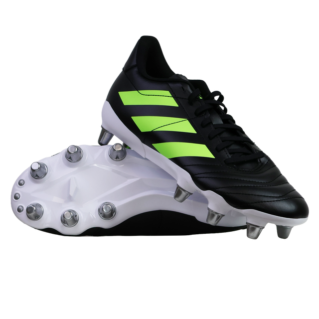 A pair of adidas Kakari SG rugby boots in Core Black/Lucid Lemon/White, featuring neon stripes and metal studs for soft ground—one boot upright, the other showing the sole.