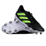 A pair of adidas Kakari SG rugby boots in Core Black/Lucid Lemon/White, featuring neon stripes and metal studs for soft ground—one boot upright, the other showing the sole.
